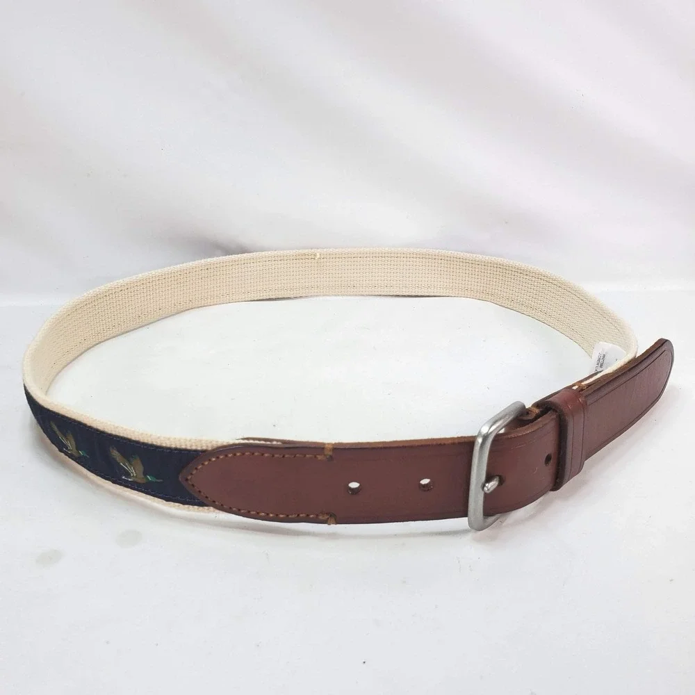 J.Crew Belt Men 30 Navy Canvas Leather Mallard Duck Embroidery Preppy Classic